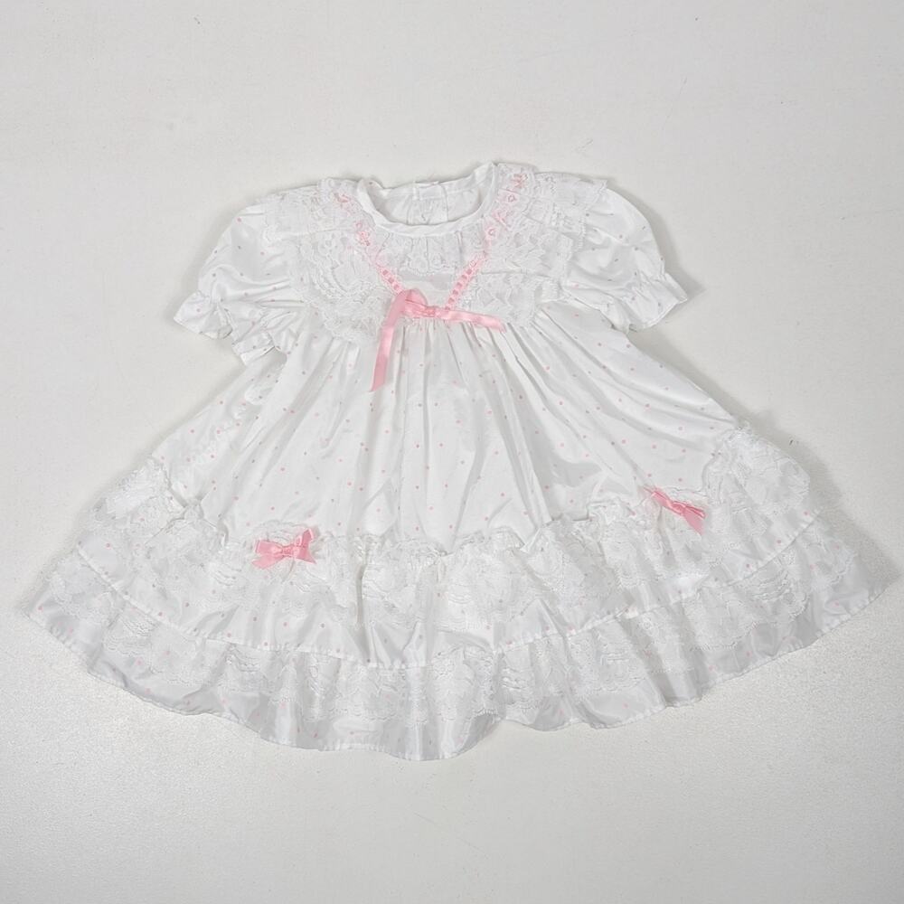 Vintage Mothercare Dress Girls Size 18m White Polka Dot Frilly Party Lace - Picture 1 of 5